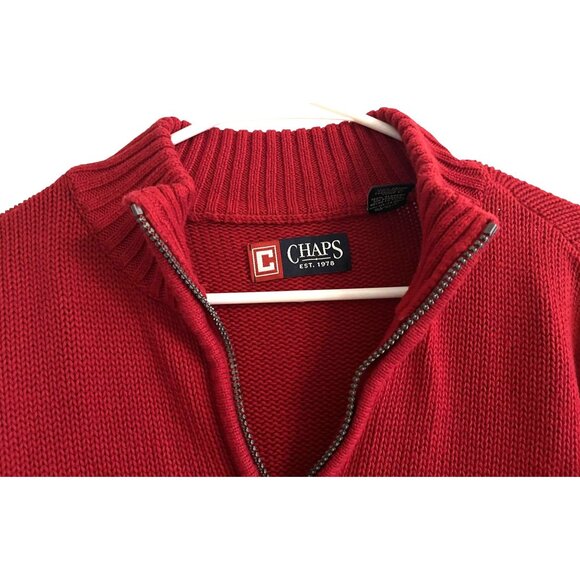 Polo CHAPS Mock Turtle Neck Red Quarter Zip 100% Knit Cotton Sweater Mens Large - Picture 2 of 14